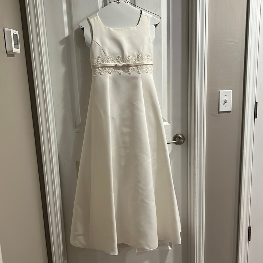 Michelangelo formal dress in off white winter white with stole wrap.